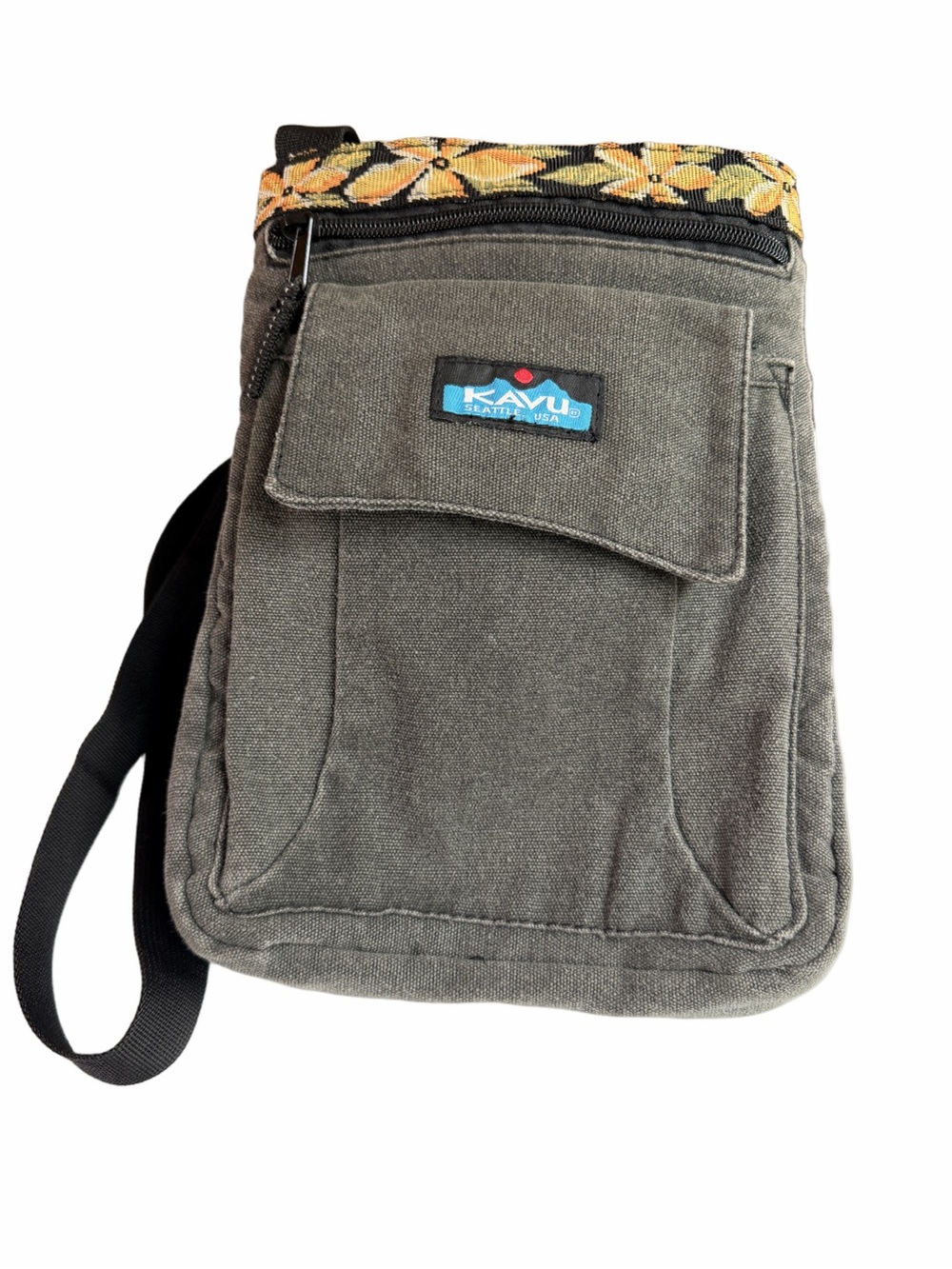 Kavu Keeper Gray Canvas Messenger Bag with Floral Trim